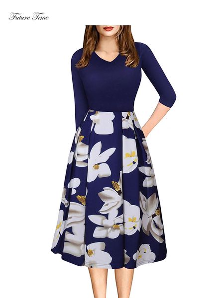 

dress women v-neck three quarter sleeve summer dresses vestidos robe femme vintage plus size print color pockets spring c1716, Black;gray