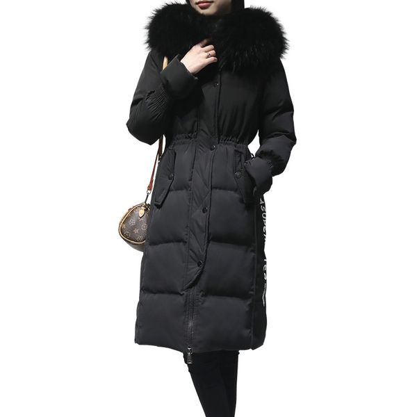 

winter coat plus fertilizer  down cotton long-length large fur collar coat, Black