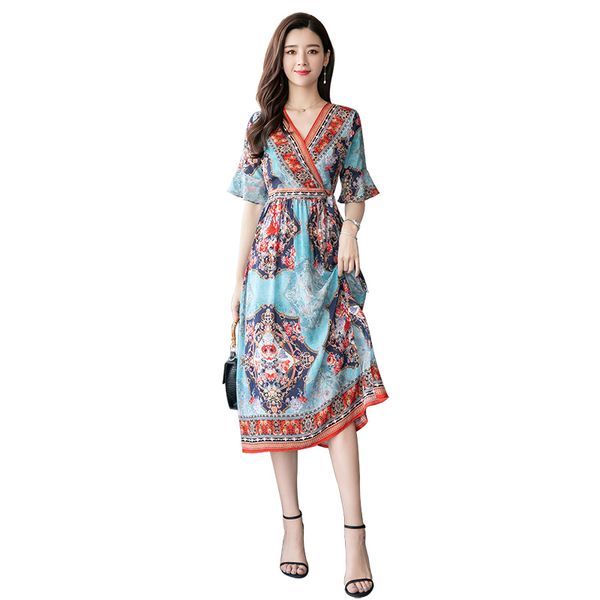 

2019 summer polyester silk dress retro style women flower print dress elegant ruffle sleeve mid-calf dresses plus sizvestido, Black;gray
