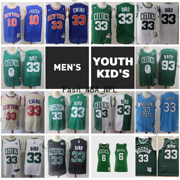

Vintage Celtics Adidas Mens Youth Kids #33 Ларри Берд Сшил Нью-Йорк Никс #33 Патрик Юинг #10 Уолт Фрейзер Баскетбольная Майка
