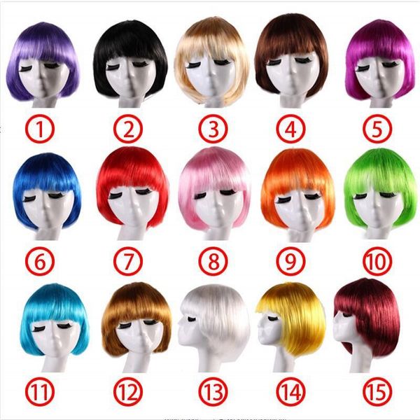 

candy colors short bob wig synthetic wigs for women with bangs bob hairs party cosplay anime halloween straight bob wigs, Black