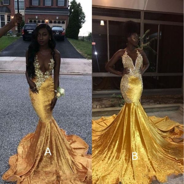 

velvet mermaid yellow prom dresses 2020 african with silver applique lace backless evening gowns