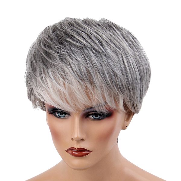 

women short wig gray and white color, natural human hair hairpieces wigs 10 inch, cosplay party wedding wear heat resistant, Black