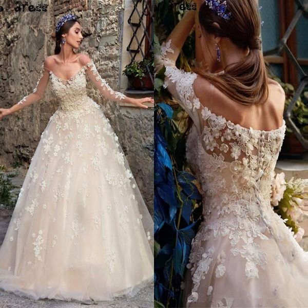 

beautiful 3d flora wedding dresses a line off the shoulders sheer long sleeves floor length bridal gowns said mhamad saudi arabia dubai, White