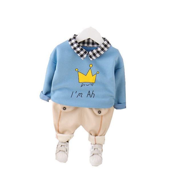 

children winter clothes suits baby boys girls lapel letter crown add velvet sweater pants 2pcs/sets kids infant cartoon clothes, White