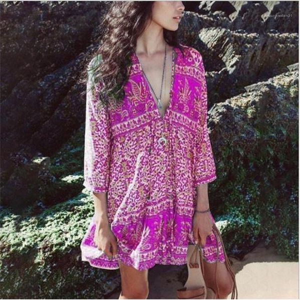 

богемный летнее платье v шеи ruffer платья свободные печатные пляж платья сексуальный женщин дизайнер, Black;gray