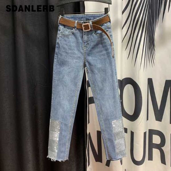 

стразами горячей дрель женские джинсы в 2020 году весна новый горячий бурения синие джинсовые брюки плюс размер жан роковой высокая талия дж, Blue