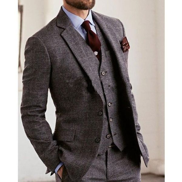 

winter fashion grey plaid tweed groom tuxedos notch lapel two button men wedding tuxedos men dinner party suit(jacket+pants+tie+vest) 2760, Black;gray