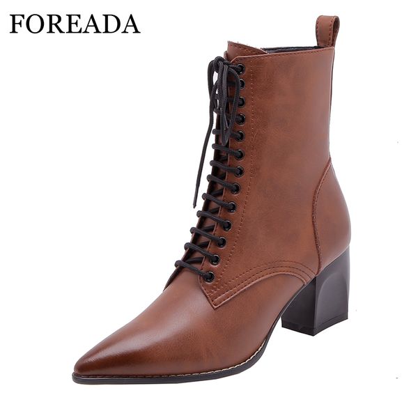 

foreada women natural leather boots pointed toe high heel boots zipper fashion lace up motorcyce female footwear brown, Black