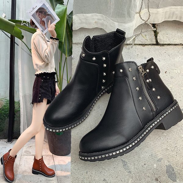 

winter shoes women women's short boot chunky heel lace up boots luxury designer low heels booties round toe bootee woman 2019, Black