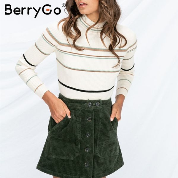 

berrygo vintage полосатый женский пуловер свитер водолазка осень зима вязаные свитера повседневная уличная одежда стройная женская джемперы, White;black