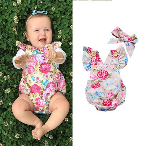 

kids designer rompers baby girls summer fashion brand flowers printing rompers baby casual breathable jumpsuits headband 5 styles 2020 new, Blue