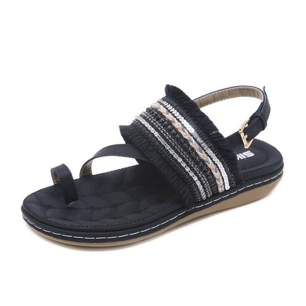

women open toe sandals summer sandals women flat shoes lady slip on woman peep toe beach shoes, Black