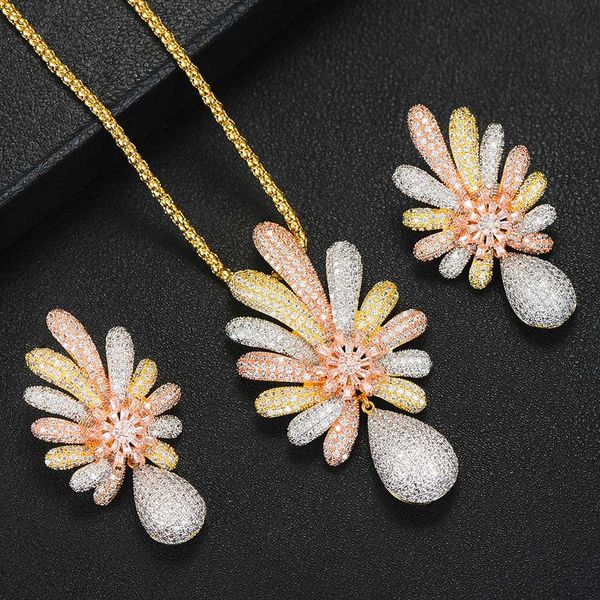 

larrauri 3 tone engagement wedding flower necklace earrings for women bridal cubic zircon dubai jewelry 2020, Silver