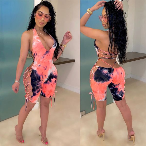 

women's jumpsuits & rompers tie dye halter romper women bodycon playsuits fashion summer sleeveless deep v playsuit backless skinny, Black;white