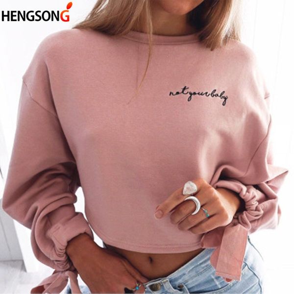 

2018 fashion women bowknot long sleeve hoodies round neck crop white pink short sweatshirts spring outfits, Black