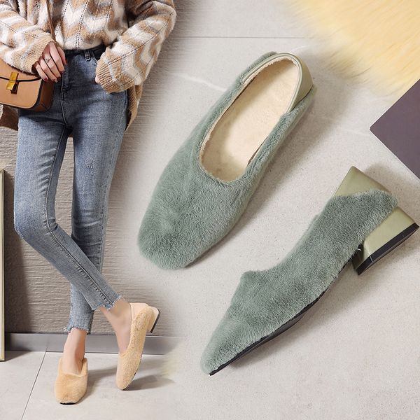 

loafers fur casual woman shoe grandma shoes women women's moccasins shallow mouth square toe modis all-match female footwear, Black