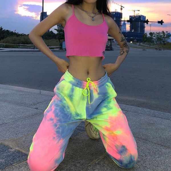 

neon tie dye joggers high waist long baggy pants women sweatpants loose trousers summer streetwear clothes, Black;white