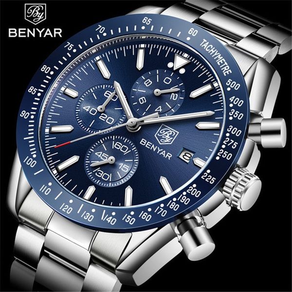 

benyar 2019 mens watches luxury brand business steel quartz watch casual waterproof male wristwatch relogio masculino ly191226, Slivery;brown