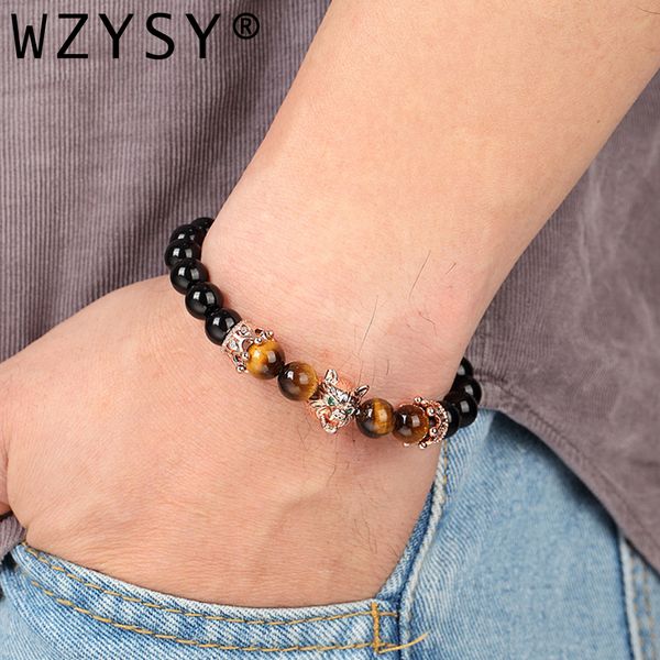 

natural bright blackstone 8mm alloy wolf head crown micro inlaid zircon elastic bracelet charm jewelry for man, Black