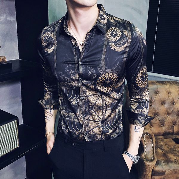 

europe new print shirts social club shirt spring luxury baroque long sleeve slim fit shirt men designer camisa masculina, White;black