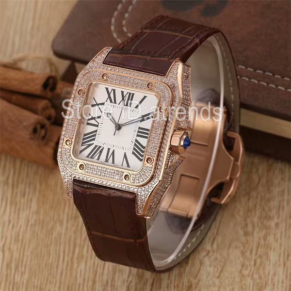 

Top Fashion Quartz Watch Men Women Gold Silver Dial Full Rhinestone Design Wristwatch Classic Leather Strap Elegant Clock 1704