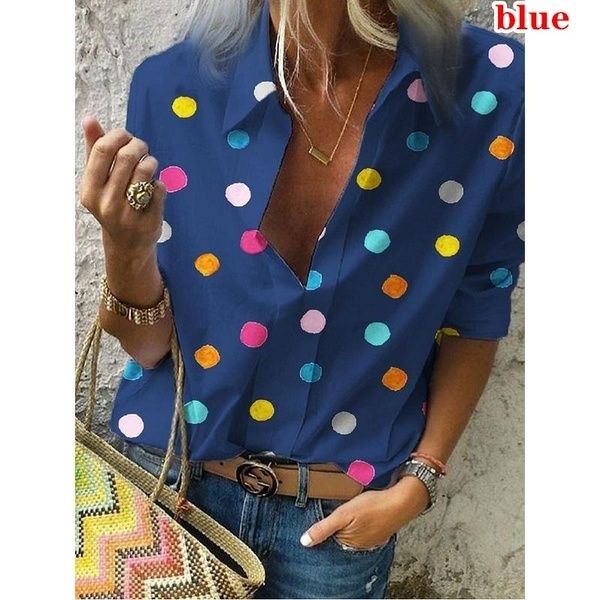 

Februaryfrost Fashion Women Summer V-neck Long Sleeve Shirts Loose Casual Polka Dot Shirts Plus Size