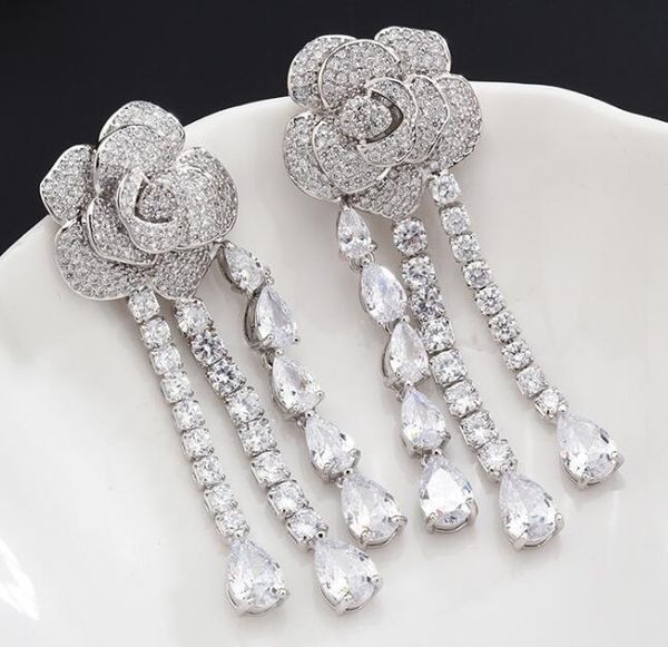 

s925 silver rose earrings with crystal fashion women jewelry drop designer tassel dangle earrings with cz diamond quality