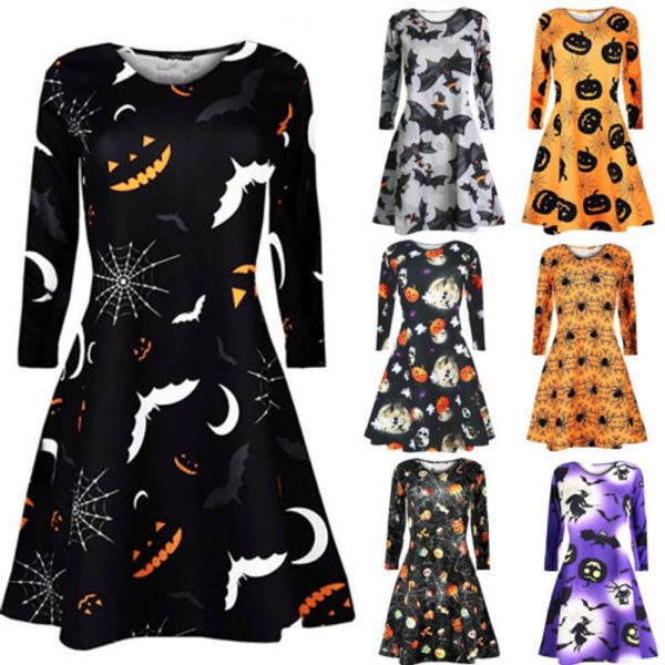 

plus size women halloween costume o-neck pumpkin print party swing short dress, Black;gray