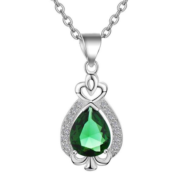 

fashion women's water drop pendant necklace charming lady blue green rhinestone clavicle chain elegant wedding party jewelry, Silver