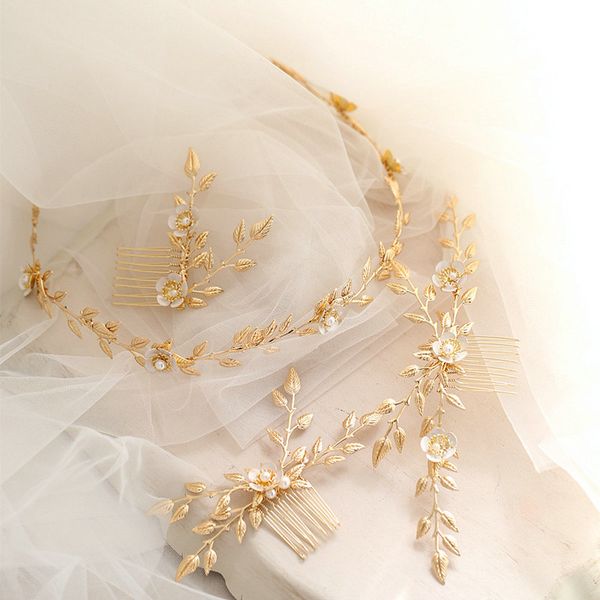 

simple gold leaf headband bridal hair comb wedding hair accessories, Golden;white