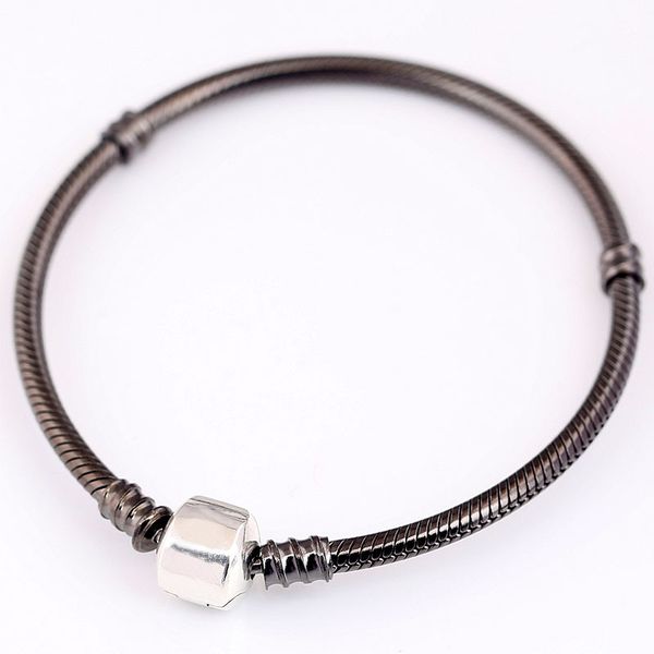 

original oxidised snake chain lobster barrel clasp bracelet bangle fit 925 sterling silver bead charm diy europe jewelry, Black