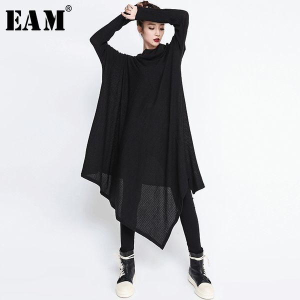 

eam] 2020 new spring winter high collar long sleeve black irregular hem loose big size long dress women fashion tide jg636, Black;gray