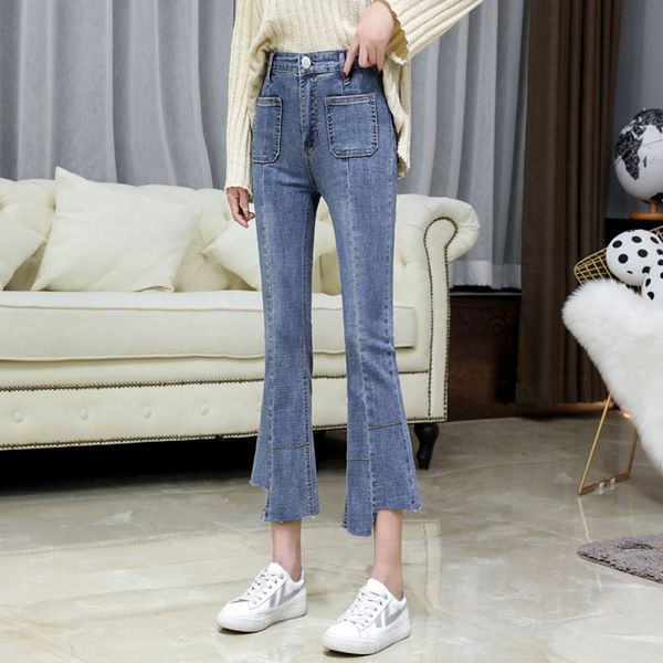 

2019 high waist flared jeans spring summer burrs pocket bootleg women black denim pants female trousers nine minutes pants legs, Blue