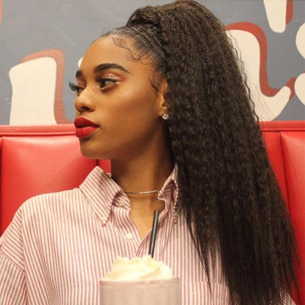 

kinky straight ponytail brazilian human hair drawstring ponytail clip in hair extensions natural color remy 2 clips afro ponytail hair piece, Black
