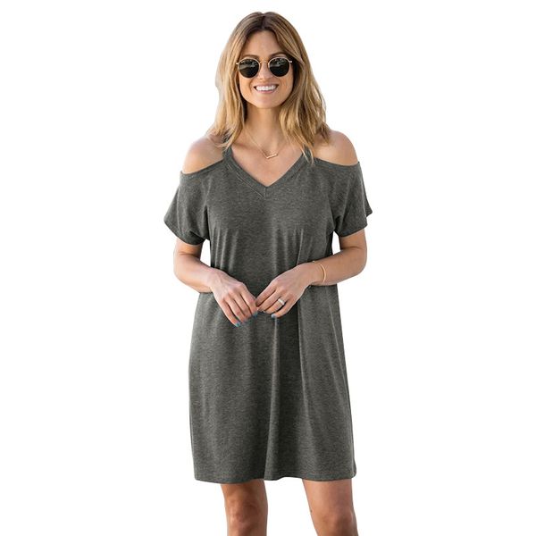 

casual off shoulder mini women dress summer fashion cotton loose v neck solid short sleeve short dress ladies dresses woman, Black;gray