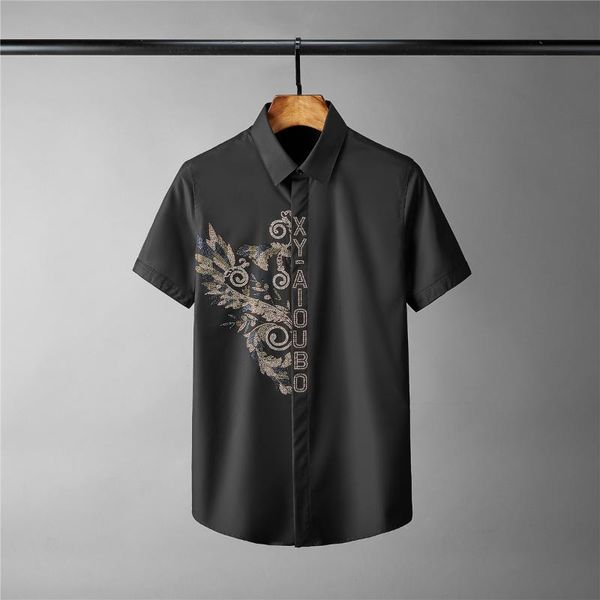 

men's casual shirts solid color men shirt luxury royal diamond short sleeve mens fashion slim dress plus size 4xl, White;black