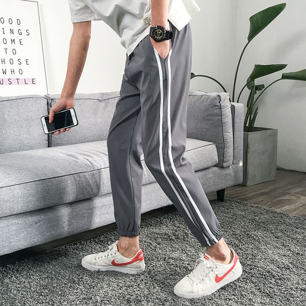 

autumn men stripe casual harlan sweatpants cotton trousers elastic loose waist hip hop harem slim boy calf-length pants, Black
