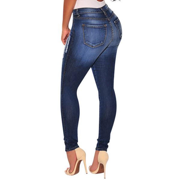 

2019 ladies bravo wonderful slim washed ripped hole gradient long jeans denim regular pants, Blue