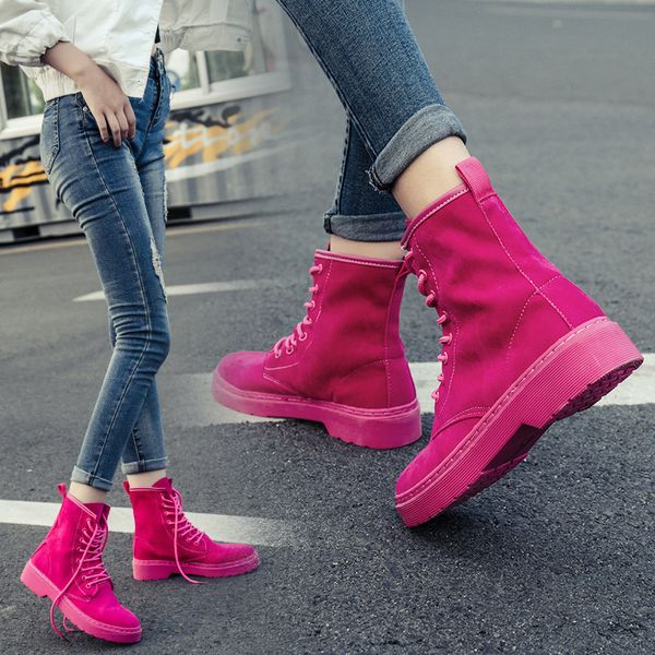 

fashion pink ankle boots for women wedge boots increasing platform female shoes 2019 punk style suede leather lace up785, Black