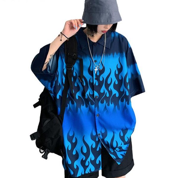 

новый мужской и женский синий пламя печати с коротким рукавом кардиган свободная рубашка, White