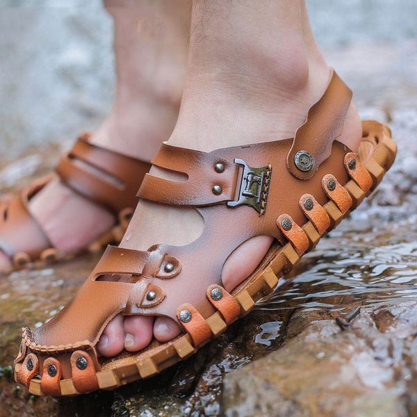 

designer shoes 2019 beach sandals genuine leather men gladiator sandals men shoes erkek ayakkabi sandalia masculina male sandals, Black