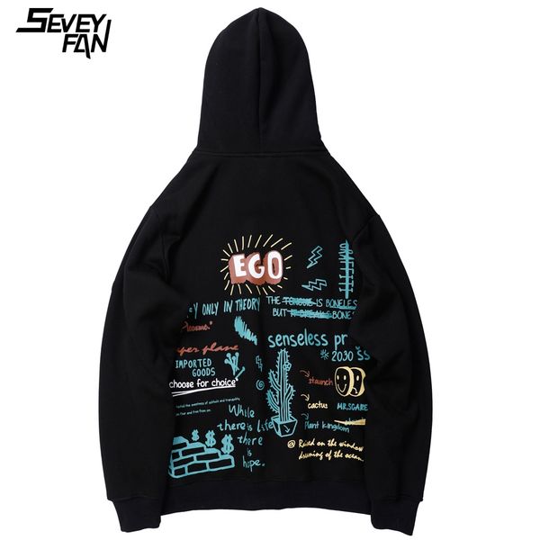 

seveyfan hip hop ego graffiti printed sweatshirts men's harajuku pullover hoodies streetwear casual cotton fleece hoodies male, Black