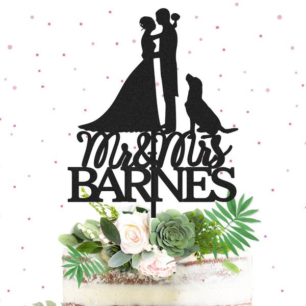 

custom mr&mrs name wedding cake er with dog,bride and groom silhouette,custom dogs wedding decor personalized anniversary