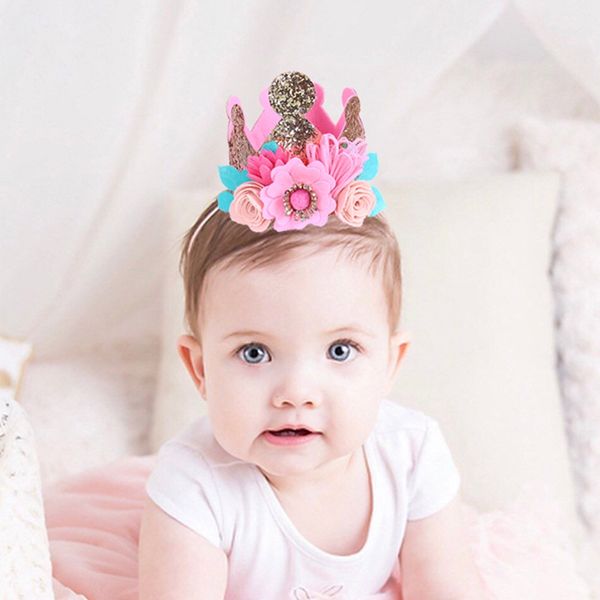 

1pc baby girl happy birthday party hats kids flower princess crown headband baby shower 1st birthday decor party supply