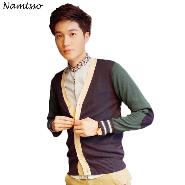 

100% cotton knit cardigan men's 2018 autumn winter new coloured v neck thin long sleeve sweater cotton hit color 161, White;black