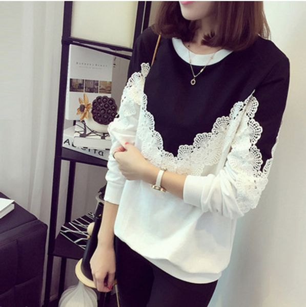 

ladies sweater autumn and winter new stitching lace headband long-sleeved jacket large size solid color wild loose bottoming shi, White;black