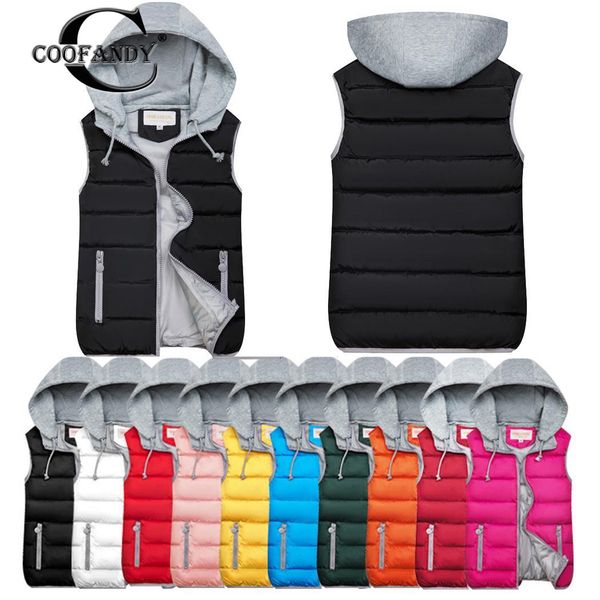 

women hooded solid drawstring coat winter sleeveless pockets, casual zipper vest casual outwear, Black;white