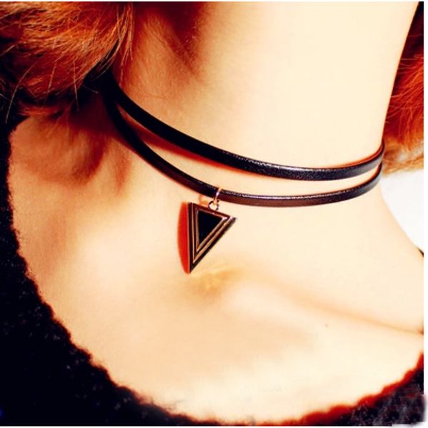 

2019 women's fashion punk triangle pendants necklaces torques double layer black leather chokers necklaces for women jewelry, Silver