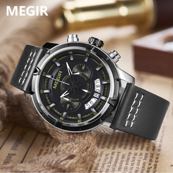 

megir sport men quartz watch multifunction chronograph fashion wrist watches clock men relogio masculino with leather strap 2047, Slivery;brown